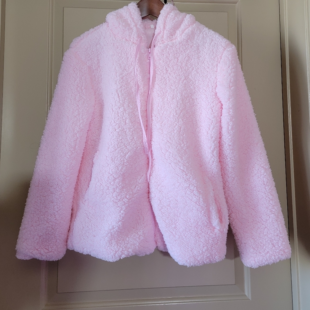 Fuzzy Zip up Hooded Jacket with Pockets Small Pink
